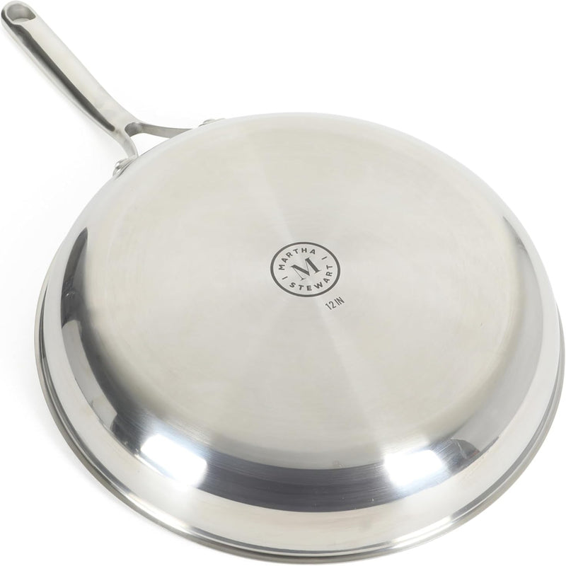 Martha Stewart Badgley 12" Stainless Steel Frying Pan w/ Glass Lid - Etching Ceramic Non-Stick Interior - Stainless Steel Handle - Color Sleeve w/ Remailer