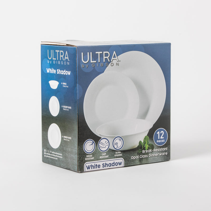 Gibson Home White Shadow 12pc Opal Glass Dinnerware Set - White - Gift Box