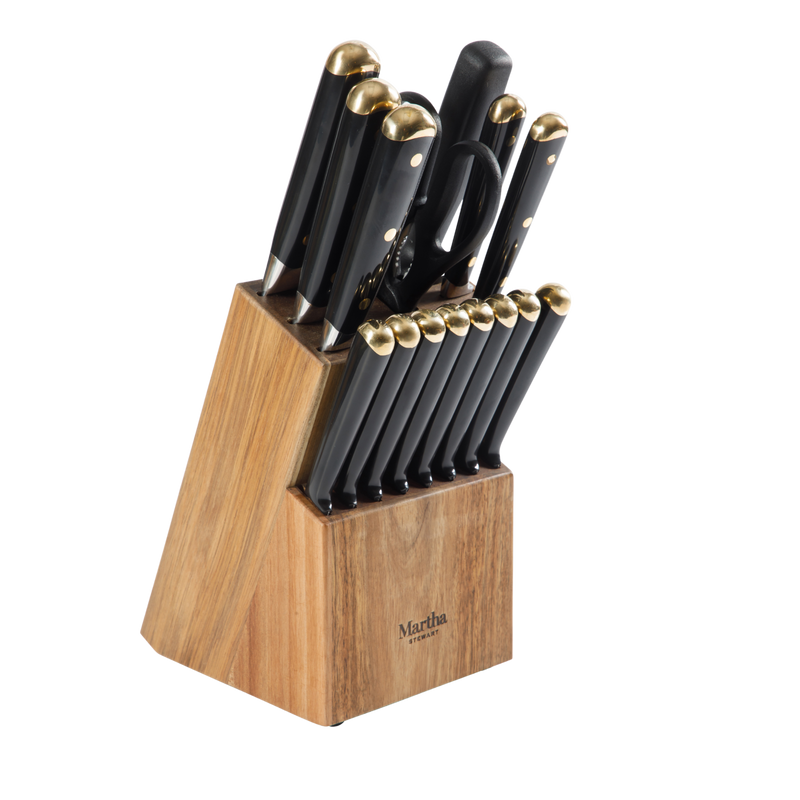 Martha Stewart Lockton 16pc Stainless Steel Cutlery Set w/ Acacia Wood Block - ABS Forged Handle - Gift Box w/ Remailer