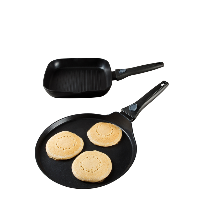 Oster Smarthandle Advance 3 pc Forged Aluminum 10" Round Pancake Pan & 9.5" Square Grill w/ Detachable Handle - Matte Black - Non-Stick Interior - Induction Base - Bakelite Handle - Gift Box (Open Window)