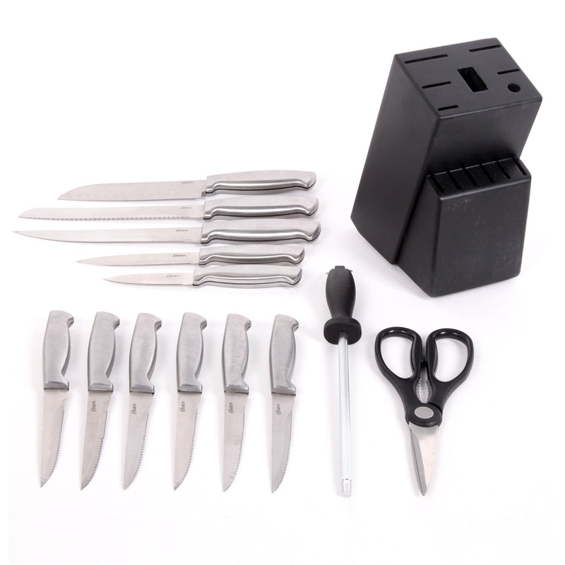 Oster Baldwyn 14pc Stainless Steel Cutlery Set w/ Black Wood Swivel Block - Brushed Satin - Gift Box