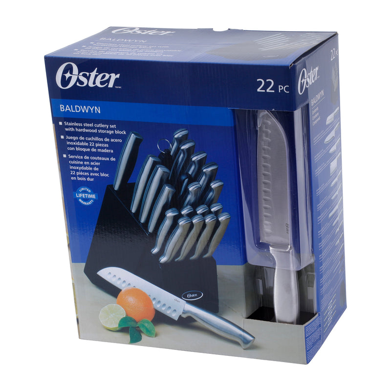 Oster Baldwyn 22pc Stainless Steel Cutlery Set w/ Black Wood Swivel Block - Brushed Satin - Gift Box