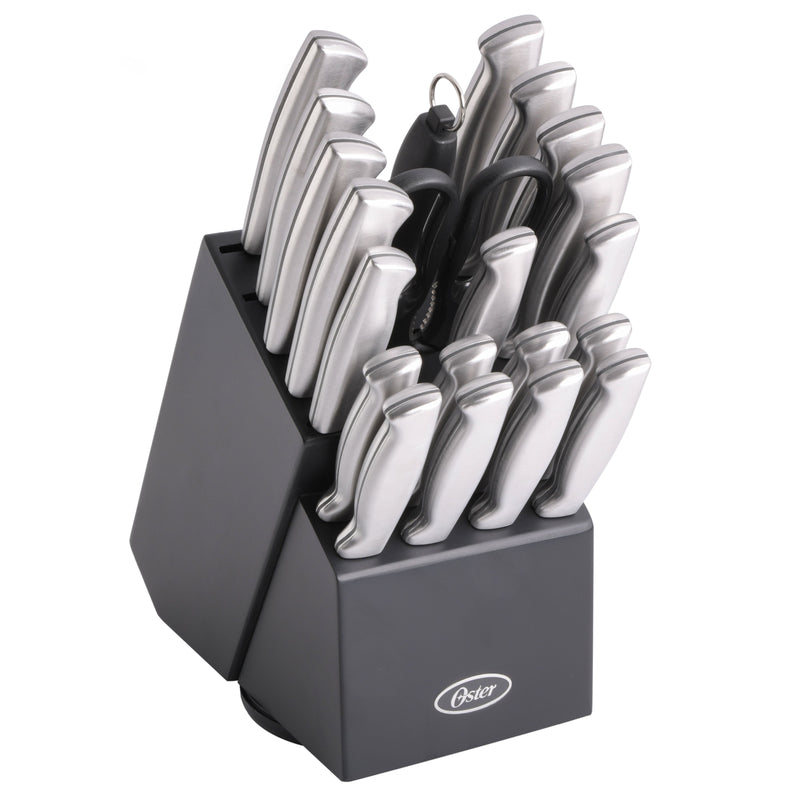 Oster Baldwyn 22pc Stainless Steel Cutlery Set w/ Black Wood Swivel Block - Brushed Satin - Gift Box