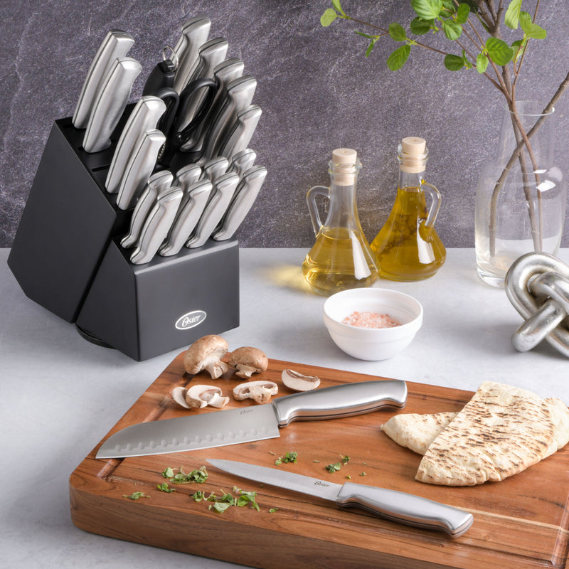 Oster Baldwyn 22pc Stainless Steel Cutlery Set w/ Black Wood Swivel Block - Brushed Satin - Gift Box