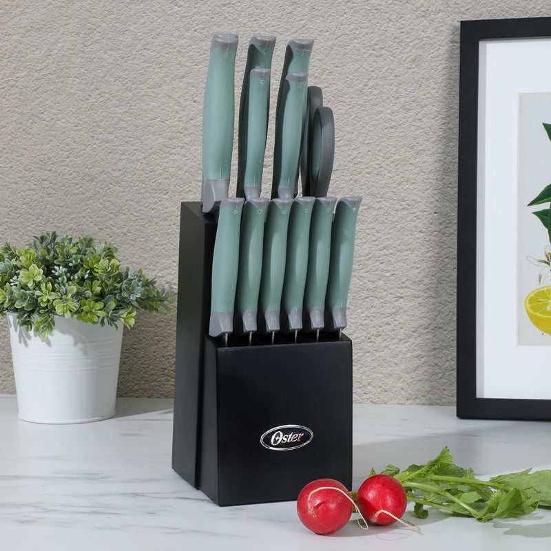 Oster Lindbergh 14pc Stainless Steel Cutlery Set w/ Color Stained Wood Block - TPR/PP Handle - Gift Box