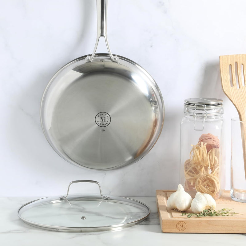 Martha Stewart Badgley 12" Stainless Steel Frying Pan w/ Glass Lid - Etching Ceramic Non-Stick Interior - Stainless Steel Handle - Color Sleeve w/ Remailer