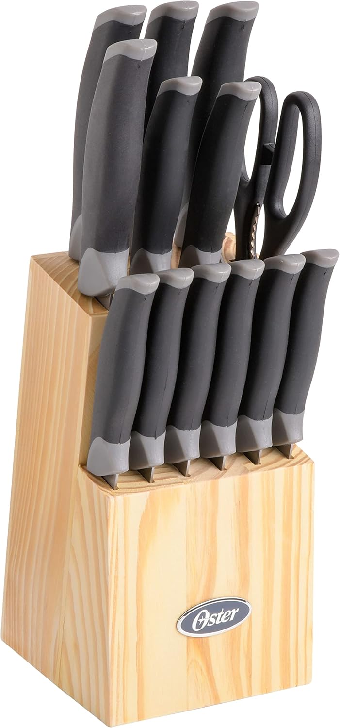 Oster Lindbergh 14pc Stainless Steel Cutlery Set w/ Color Stained Wood Block - TPR/PP Handle - Gift Box