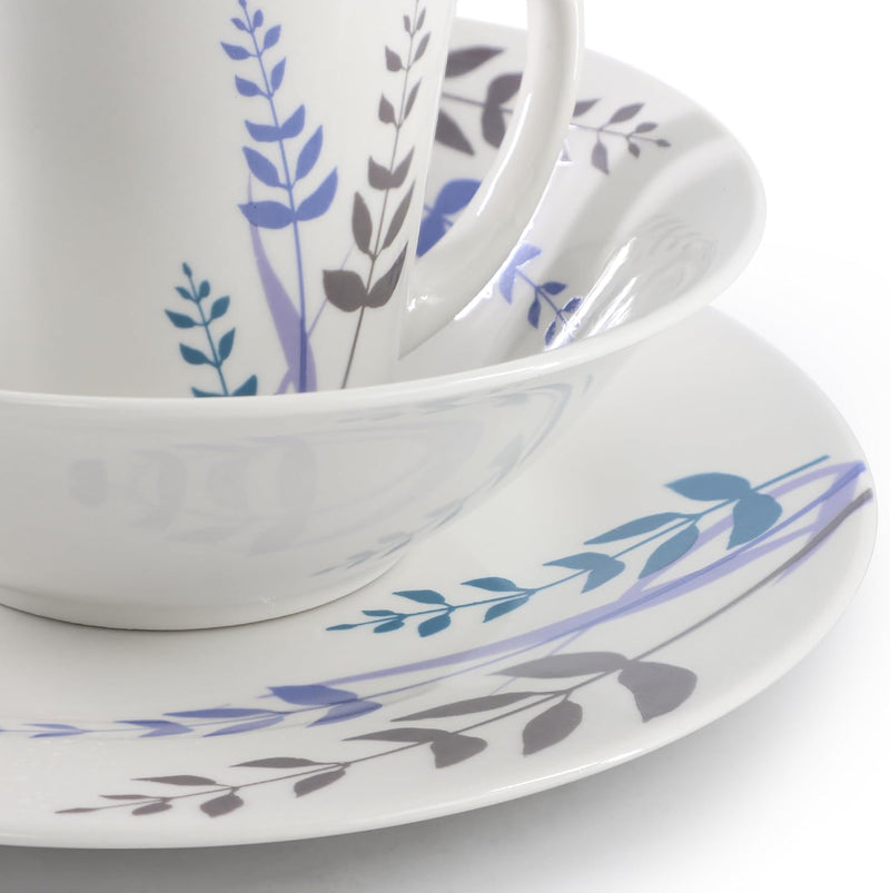 Gibson Home Blue Leaves 12pc Dinnerware Set -Decorated - Fine Ceramic - Gift Box