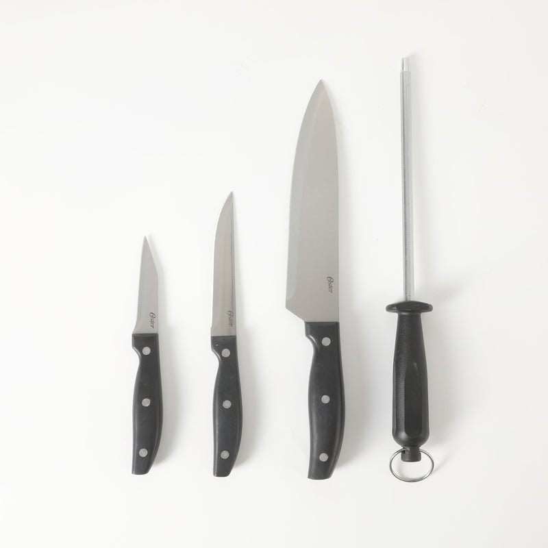 Oster Granger 4pc Stainless Steel Cutlery Set - Black - Satin Finish - Full Tang w/ Triple Rivets - Bakelite PP Handle - Clam Pack