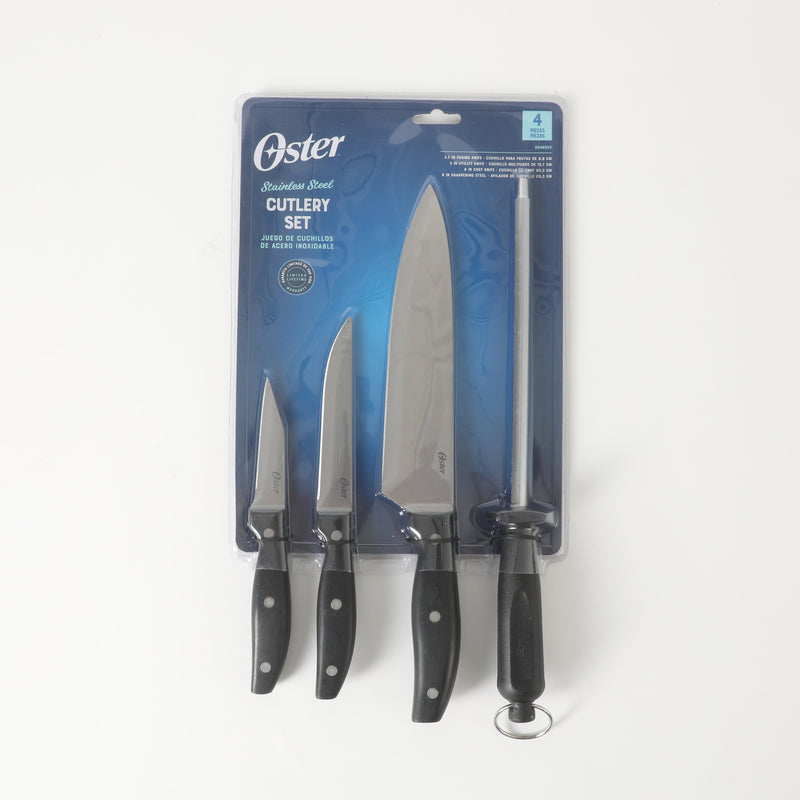 Oster Granger 4pc Stainless Steel Cutlery Set - Black - Satin Finish - Full Tang w/ Triple Rivets - Bakelite PP Handle - Clam Pack