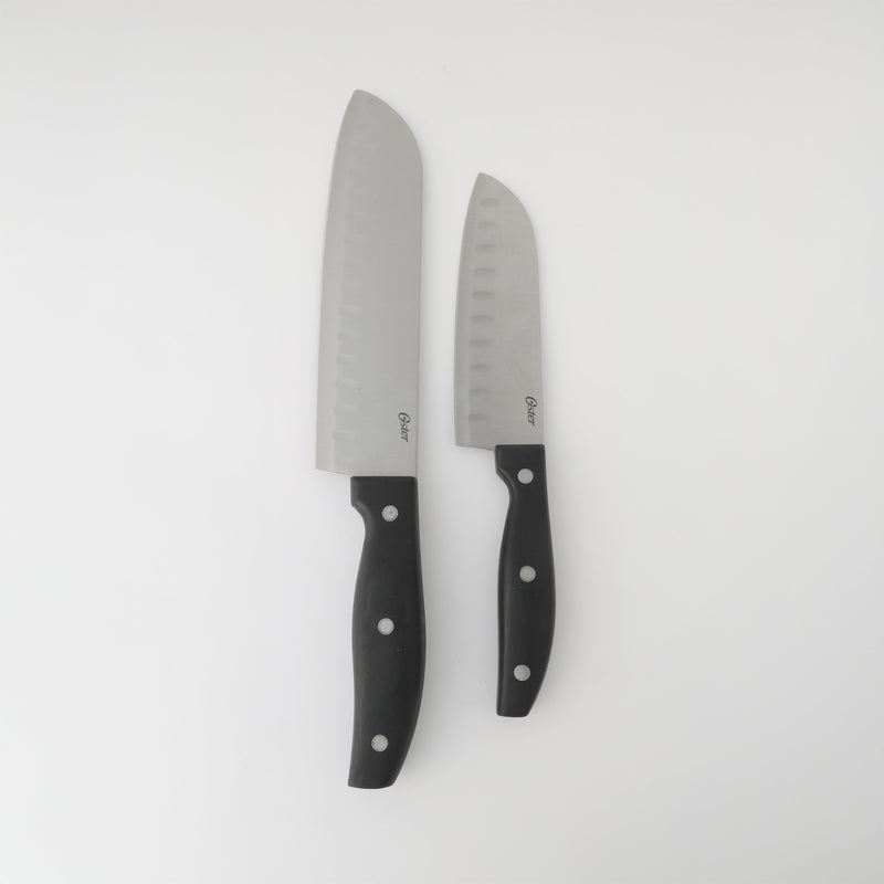 Oster Granger 2pc Stainless Steel Santoku Knife Set - Black - Satin Finish - Full Tang w/ Triple Rivets - Bakelite PP Handle - Stainless Steel - Clam Pack