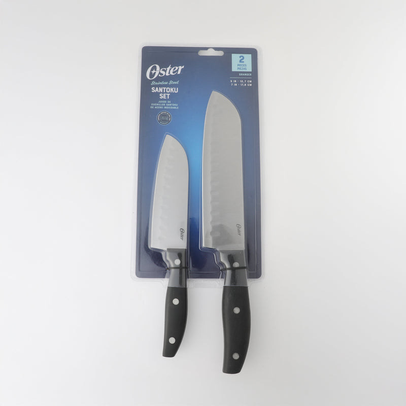 Oster Granger 2pc Stainless Steel Santoku Knife Set - Black - Satin Finish - Full Tang w/ Triple Rivets - Bakelite PP Handle - Stainless Steel - Clam Pack