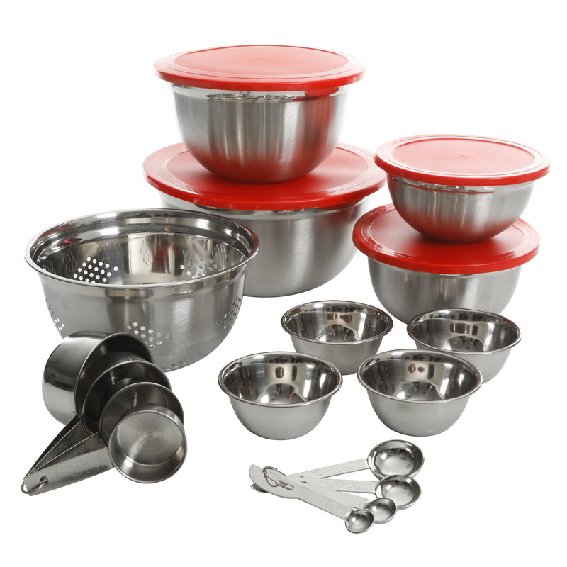 Gibson Home Branfield 21 pc Stainless Steel Kitchen Prep Set w/ Measuring Accessories - Mirror Polish - Red PP Lid - Gift Box