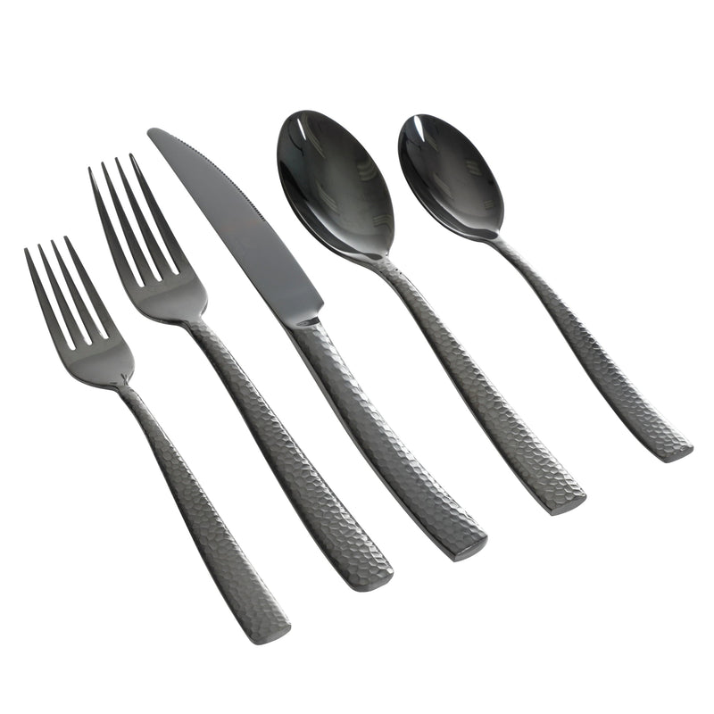 Gibson Elite Stonehenge 20pc Stainless Steel Flatware Set - Hammered Handle - Gift Box Black