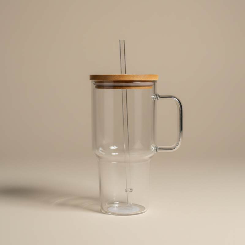 Mr. Coffee Crafted Calm 25oz Borosilicate Glass Travel Mug w/ PP Straw & Bamboo Lid - Open Stock w/ UPC Label