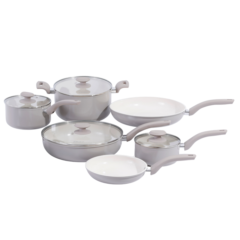 Oster Sutterville Choice 10pc Aluminum Cookware Set w/ Flat Glass Lid - Ceramic Non-Stick Interior - Soft Touch Handle - Gift Box w/ Remailer
