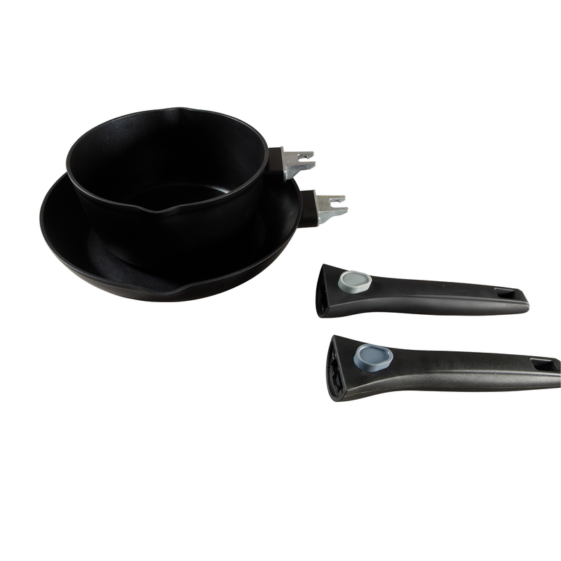 Oster Smarthandle Advance 4pc Forged Aluminum 1.8 qt Sauce Pan w/ Lid & 10" Frying Pan w/ Detachable Handle - Matte Black - Non-Stick Interior - Induction Base - Bakelite Handle - Gift Box (Open Window)