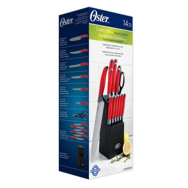 Oster Lindbergh 14pc Stainless Steel Cutlery Set w/ Color Stained Wood Block - TPR/PP Handle - Gift Box