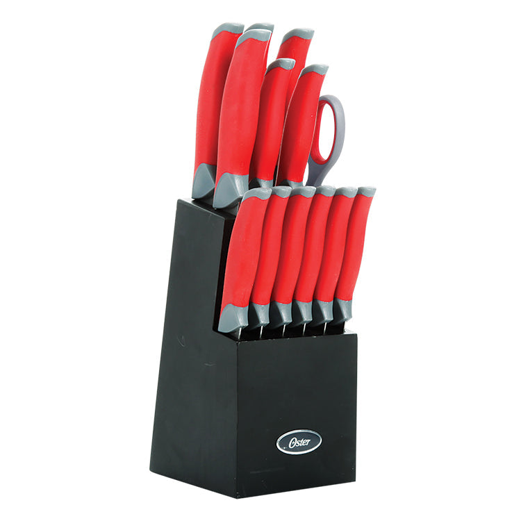 Oster Lindbergh 14pc Stainless Steel Cutlery Set w/ Color Stained Wood Block - TPR/PP Handle - Gift Box