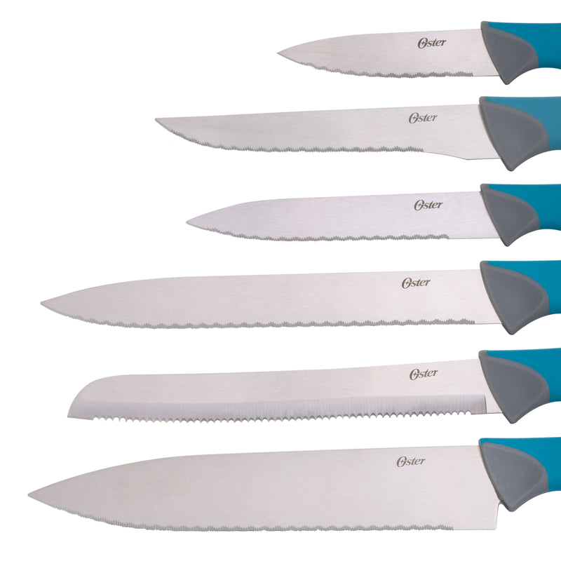 Oster Lindbergh 14pc Stainless Steel Cutlery Set w/ Color Stained Wood Block - TPR/PP Handle - Gift Box