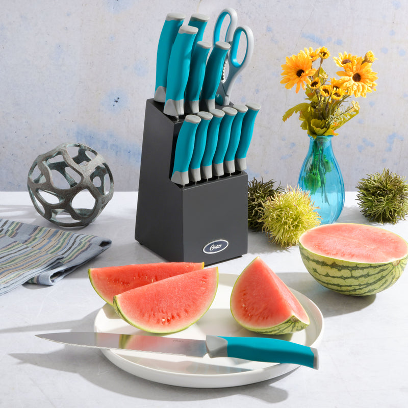 Oster Lindbergh 14pc Stainless Steel Cutlery Set w/ Color Stained Wood Block - TPR/PP Handle - Gift Box