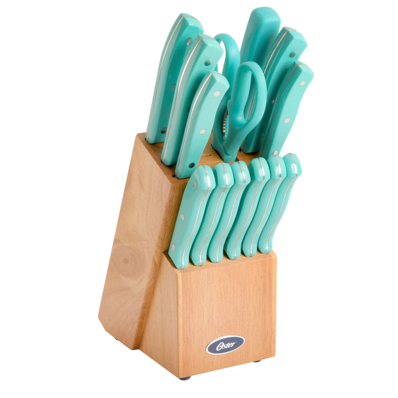 Oster Evansville 14pc Stainless Steel Cutlery Set w/ Rubberwood Block - Plastic Handle - Polished - Gift Box