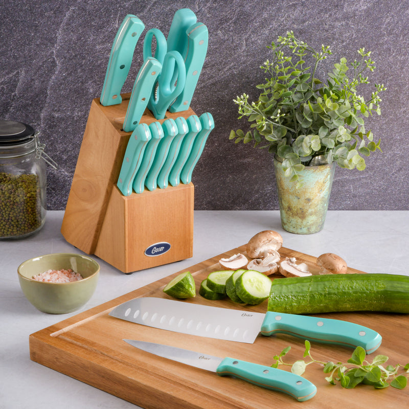 Oster Evansville 14pc Stainless Steel Cutlery Set w/ Rubberwood Block - Plastic Handle - Polished - Gift Box