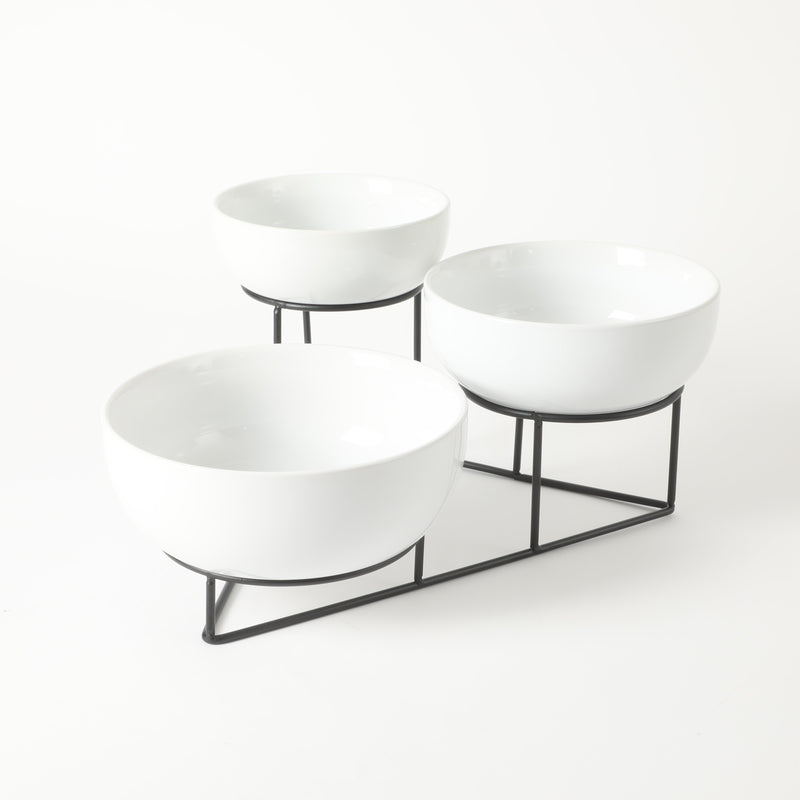 Gibson Elite Gracious Dining 3-Tier Bowl Set w/ Metal Rack - White - Round - Stoneware - Gift Box