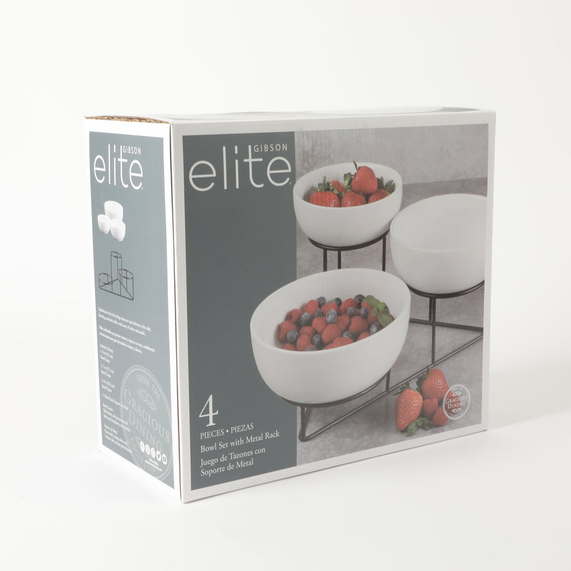 Gibson Elite Gracious Dining 3-Tier Bowl Set w/ Metal Rack - White - Round - Stoneware - Gift Box
