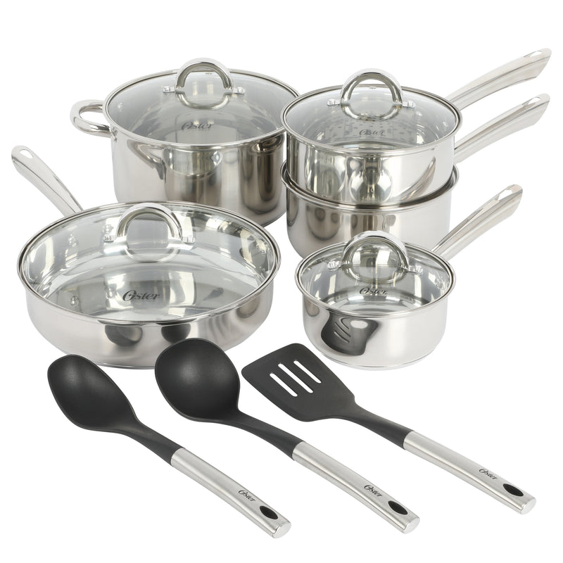 Oster Sangerfield 12 pc Stainless Steel Cookware Set w/ Kitchen Tools - Encapsulated Base - Gift Box w/ Remailer