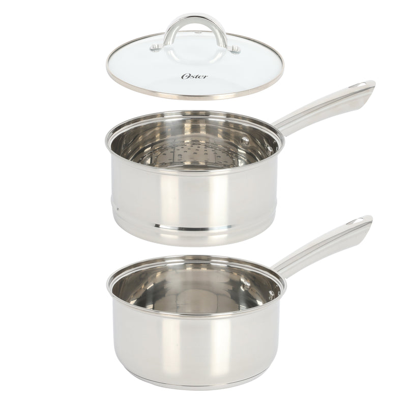 Oster Sangerfield 12 pc Stainless Steel Cookware Set w/ Kitchen Tools - Encapsulated Base - Gift Box w/ Remailer