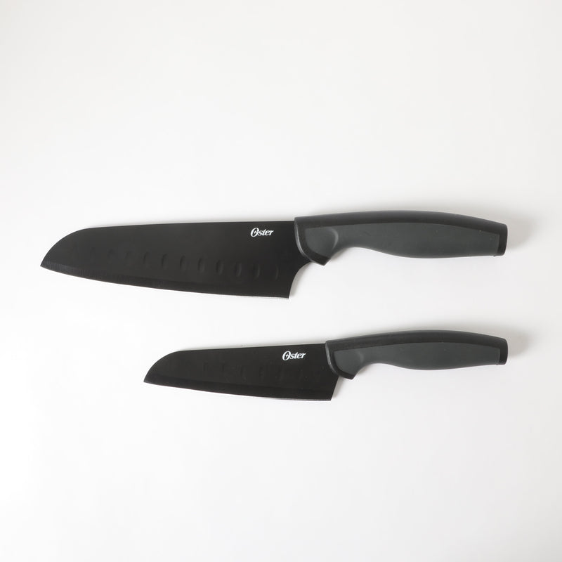 Oster Slice Craft 2pc Stainless SteelSantoku Knife Set- Black - Nonstick Blade - TPR Handle - Clam Pack