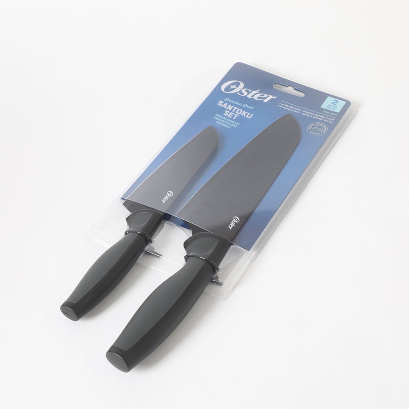 Oster Slice Craft 2pc Stainless SteelSantoku Knife Set- Black - Nonstick Blade - TPR Handle - Clam Pack