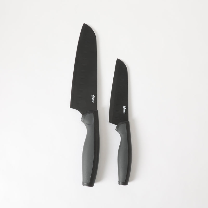Oster Slice Craft 2pc Stainless SteelSantoku Knife Set- Black - Nonstick Blade - TPR Handle - Clam Pack