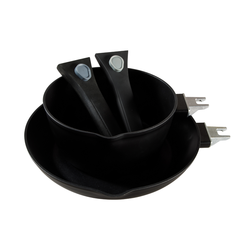 Oster Smarthandle Advance 4pc Forged Aluminum 1.8 qt Sauce Pan w/ Lid & 10" Frying Pan w/ Detachable Handle - Matte Black - Non-Stick Interior - Induction Base - Bakelite Handle - Gift Box (Open Window)