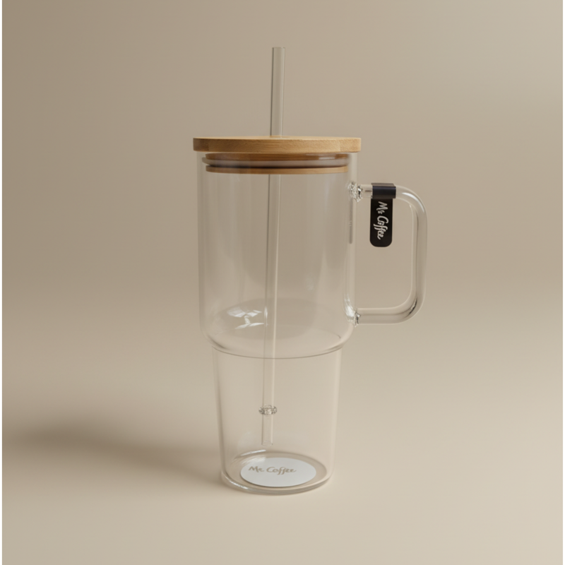 Mr. Coffee Crafted Calm 25oz Borosilicate Glass Travel Mug w/ PP Straw & Bamboo Lid - Open Stock w/ UPC Label