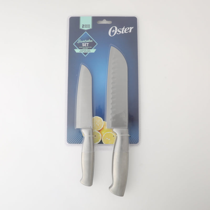 Oster Baldwyn 2pc Stainless Steel Santoku Knives Set - Stainless Steel Handle - Clam Pack