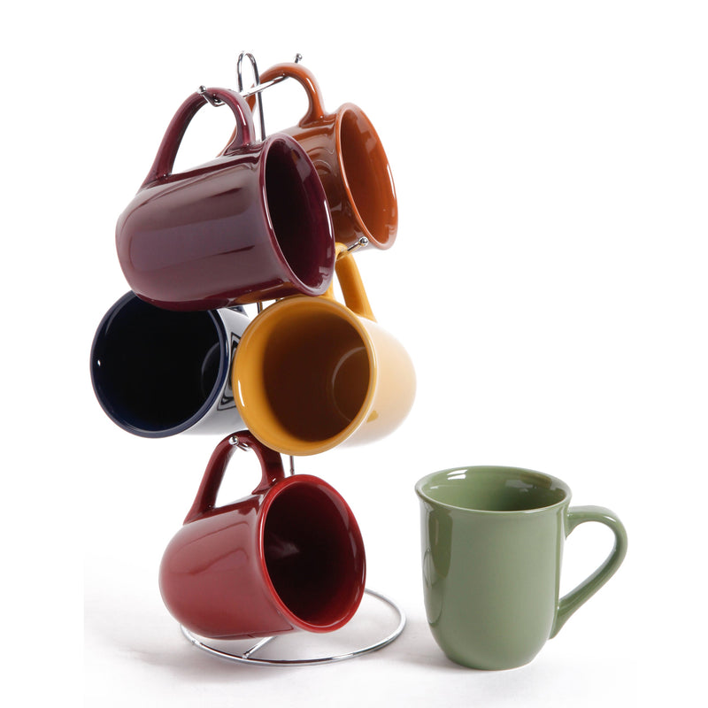 Gibson Home Cafe  Amaretto 6pc 13.4oz Mugs Set w/ Metal Stand - 6 Assorted Colors - Solid Color - Stoneware - Gift Box