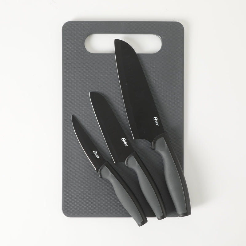 Oster Slice Craft 3pc Cutlery Set w/ PP Cutting Board - Grey - Nonstick Blade - TPR Handle - Clam Pack