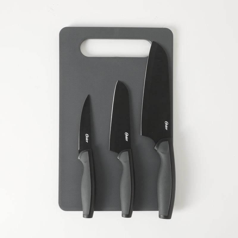 Oster Slice Craft 3pc Cutlery Set w/ PP Cutting Board - Grey - Nonstick Blade - TPR Handle - Clam Pack