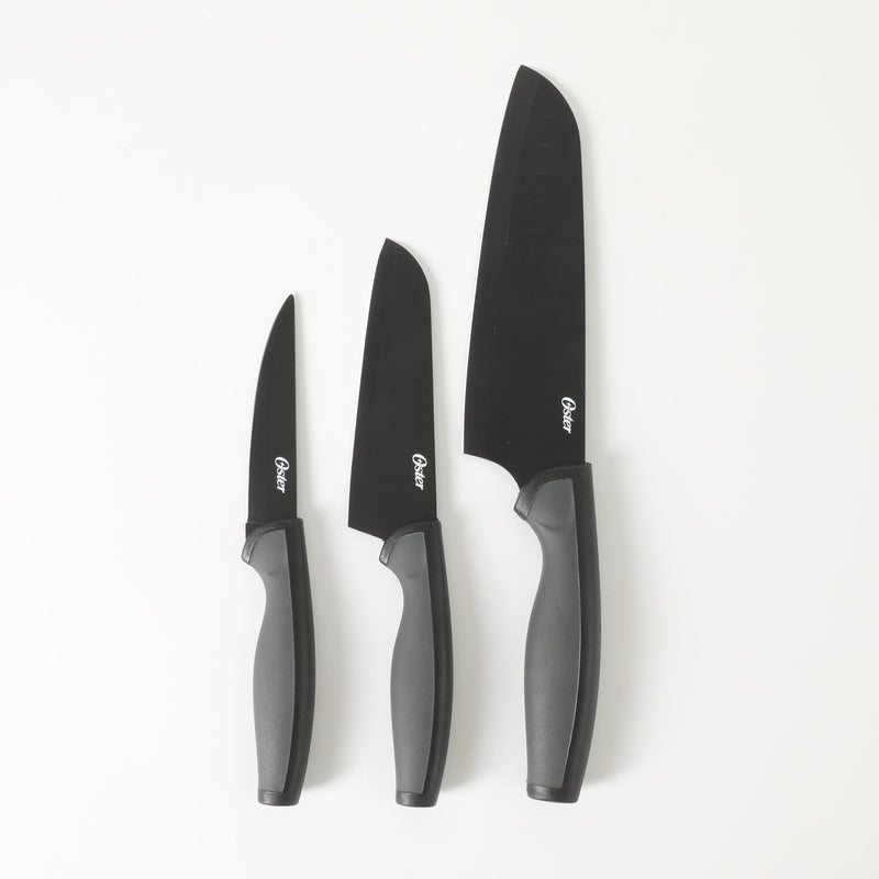 Oster Slice Craft 3pc Cutlery Set w/ PP Cutting Board - Grey - Nonstick Blade - TPR Handle - Clam Pack