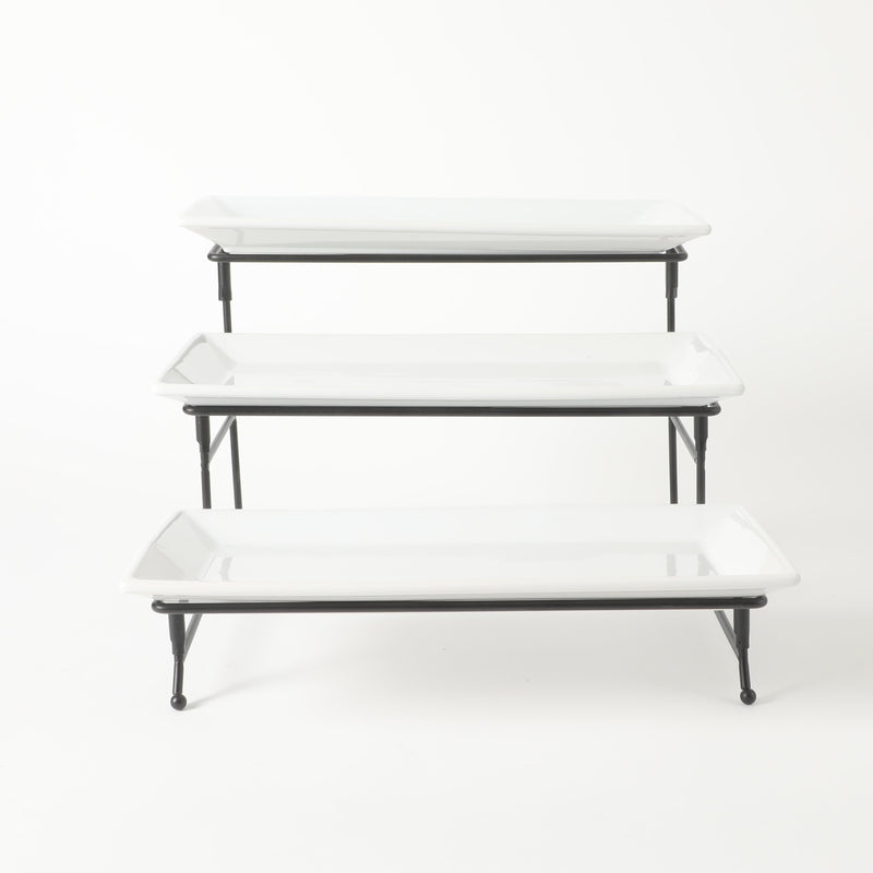 Gibson Elite Gracious Dining 3-Tier Serving Set w/ Plates & Metal Stand - White - Rectangle - Stoneware - Gift Box