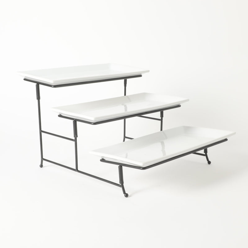 Gibson Elite Gracious Dining 3-Tier Serving Set w/ Plates & Metal Stand - White - Rectangle - Stoneware - Gift Box