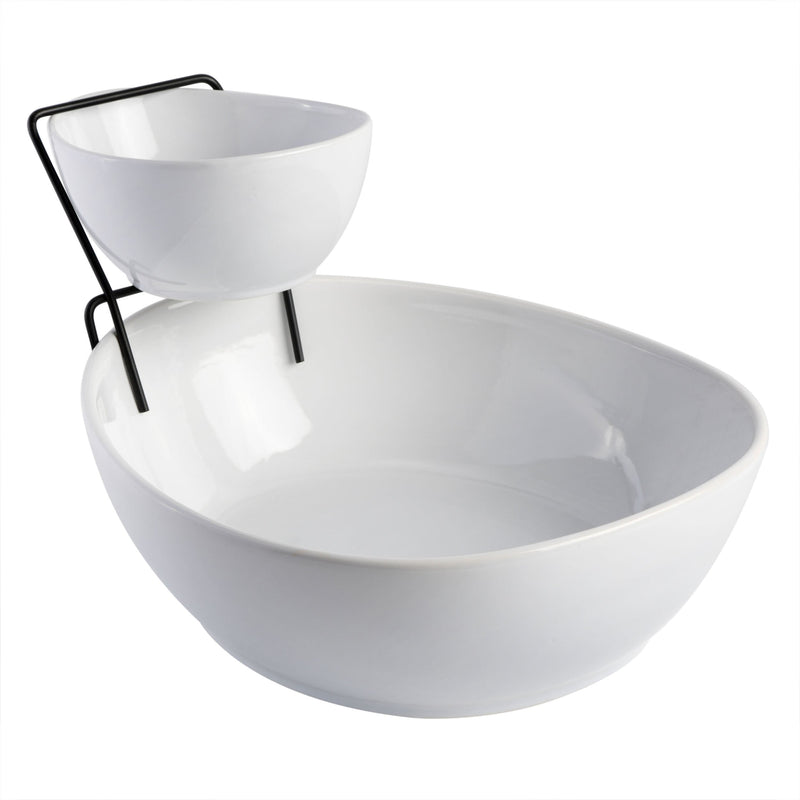 Gibson Elite Gracious Dining 2-Tier Chip & Dip Serving Set w/ Metal Stand - White - Oval - Stoneware - Gift Box