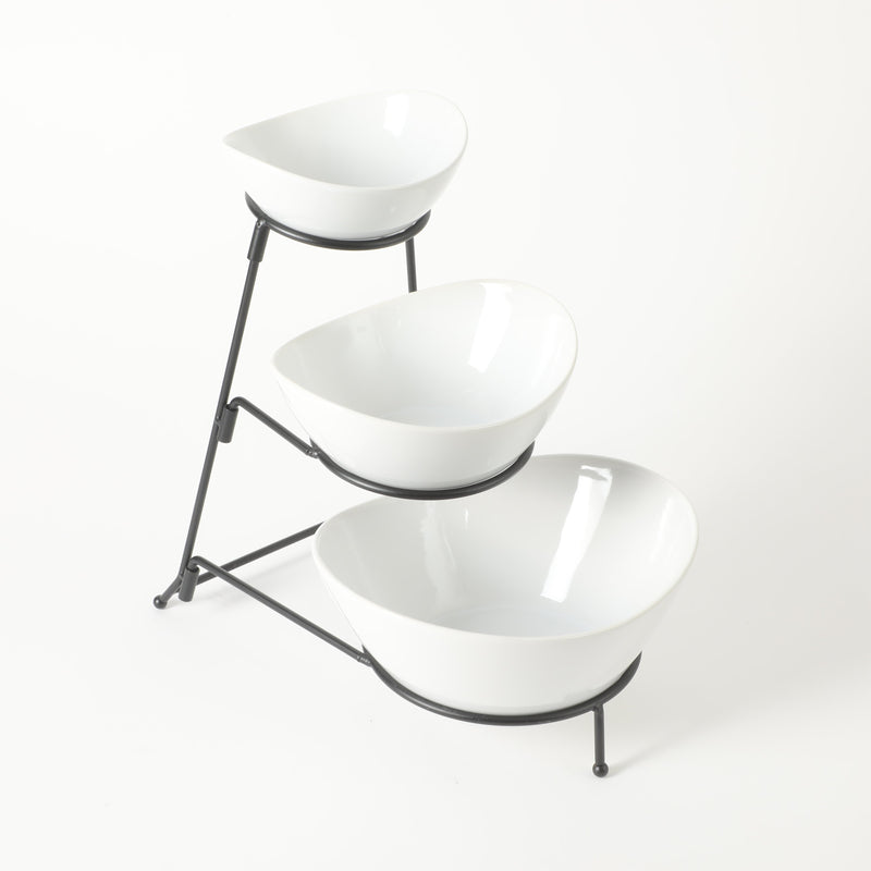 Gibson Elite Gracious Dining 3-Tier Serving Set w/ Bowls & Metal Stand - White - Oval - Stoneware - Gift Box