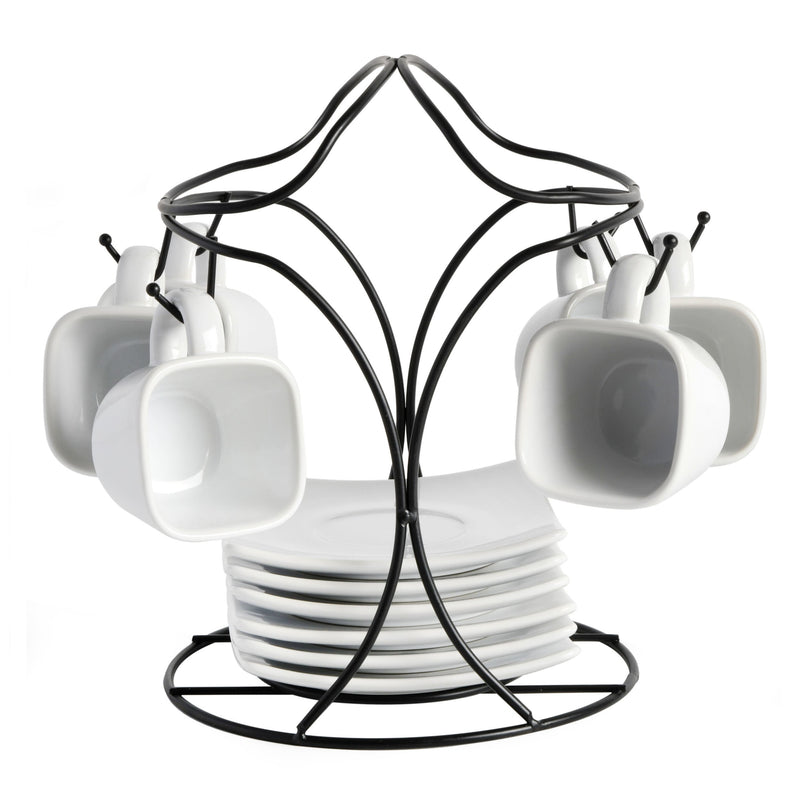 Gibson Elite Gracious Dining 3.25oz Espresso & Saucer Set w/ Metal Stand - White - Stoneware - Gift Box
