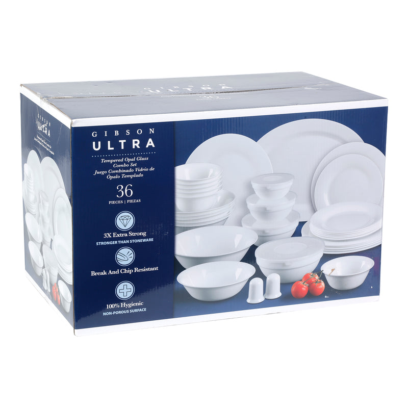 Gibson Home Ultra White Shadow 36pc Dinnerware Combo Set - Service for 6 - White - Opal Tempered Glass - Gift Box