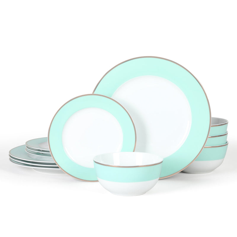 Martha Stewart Gracie Lane 12pc Dinnerware Set - Martha Blue / Gold Rim - Decorated - Fine Ceramic - GBX