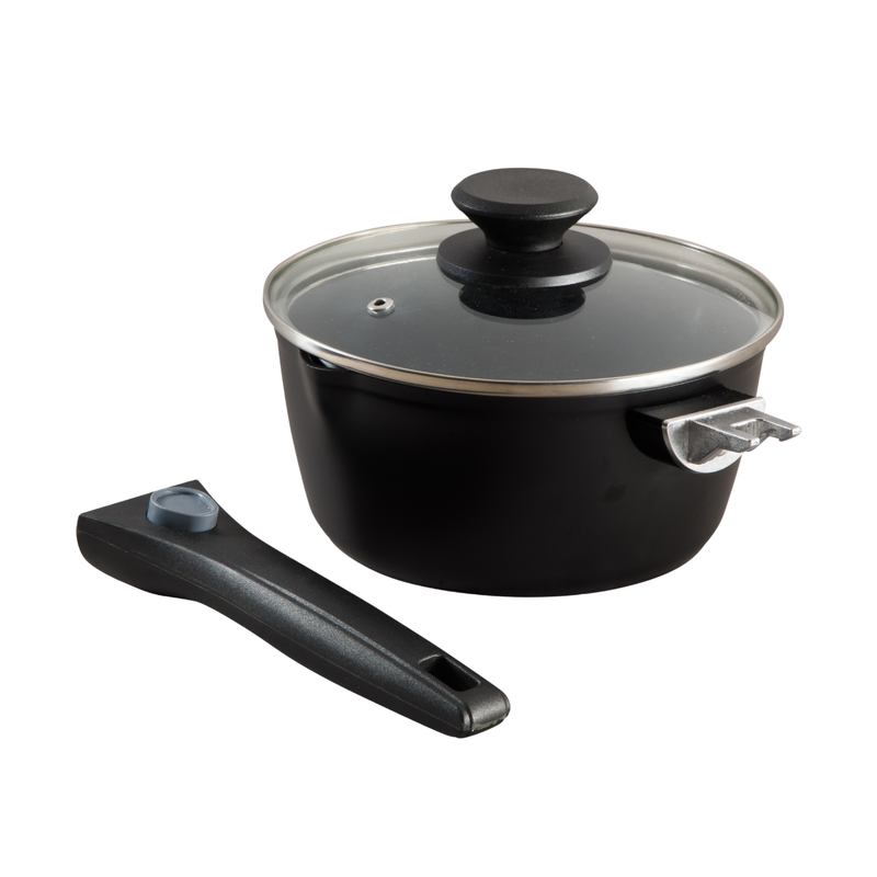 Oster Smarthandle Advance 4pc Forged Aluminum 1.8 qt Sauce Pan w/ Lid & 10" Frying Pan w/ Detachable Handle - Matte Black - Non-Stick Interior - Induction Base - Bakelite Handle - Gift Box (Open Window)