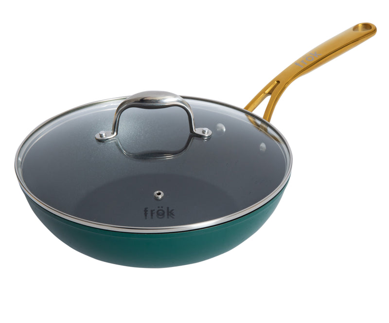Frok 11" Aluminum Frok (Fry Pan / Wok Hybrid) w/ Glass Lid - Platinum SR Non-Stick - Matte Exterior - Stainless Steel Handle - Colored Remailer